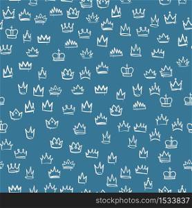 Crowns seamless pattern. White hand drawn texture with sketches of the royal crown, majestic tiara, beautiful diadem, royal imperial coronation symbols on blue background. Vector isolated elements. Crowns seamless pattern. Hand drawn texture with sketches of the royal crown, majestic tiara, beautiful diadem, royal imperial coronation symbols on blue. Vector isolated elements
