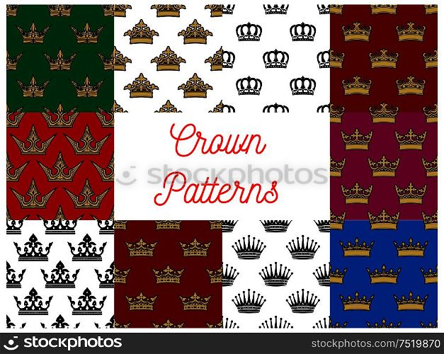 Crowns seamless patterns. Vector pattern of golden, royal, heraldic, imperial, vintage, retro monarch regal crown symbols. Crowns seamless patterns