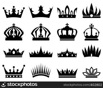 Crowns silhouette set, collection of black silhouettes on white background. Crowns silhouette set