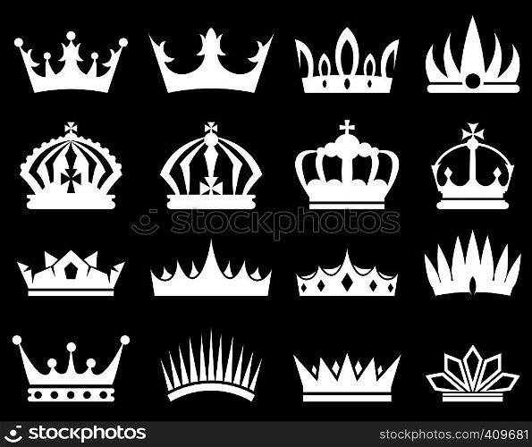 Crowns silhouette set, collection of white silhouettes on black background. Crowns white silhouette set