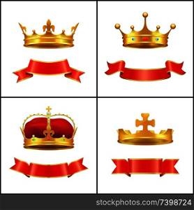 Crowns symbol of regal power and red banners set. Corona with diamonds and gemstones. Gold coronet diadem with golden cross on top isolated  vector. Crown Regal Power and Banner Vector Illustration
