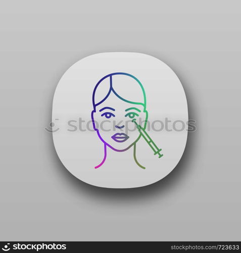 Crows feet neurotoxin injection app icon. UI/UX interface. Eye area anti wrinkle injection. Wrinkles reducing. Cosmetic procedure. Facial rejuvenation. Web application. Vector isolated illustration. Crows feet neurotoxin injection app icon