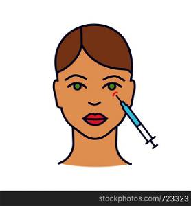 Crows feet neurotoxin injection color icon. Eye area anti wrinkle injection. Wrinkles reducing. Cosmetic procedure. Facial rejuvenation. Isolated vector illustration. Crows feet neurotoxin injection color icon