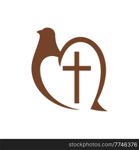 Crucifix and dove christianity religion vector icon. Christian catholic cross and pigeon bird symbol isolated on white background, religious emblem of peace. Crucifix, dove christianity religion vector icon