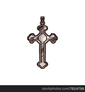 Crucifixion cross, Christian religious symbol of easter and belief. Vector Christianity Orthodox and Catholic religion pectoral cross pendant. Christianity religion symbol, Crucifixion cross