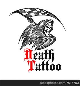 Cruel skeleton icon in black hooded cape threatening with checkered racing flag in a shape of scythe. Great for racing sport symbol, tattoo or grim reaper mascot design. Skeleton with racing flag for tattoo design