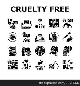 Cruelty Free Animals Collection Icons Set Vector. Not Tested On Rabbit And Dogs, Cruelty Free And Stop Chemical And Cosmetics Test Glyph Pictograms Black Illustrations. Cruelty Free Animals Collection Icons Set Vector