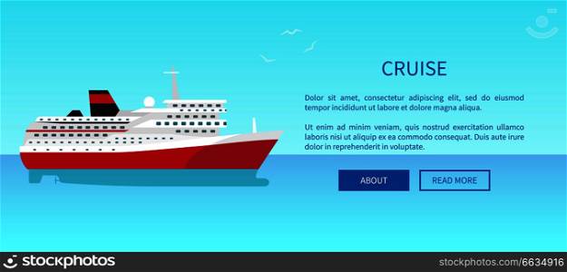 Cruise advertisement poster offering traveling on steamer by sea or ocean vector illustration. Liner web page design in travelling concept. Cruise Liner Web Page Design in Travelling Concept