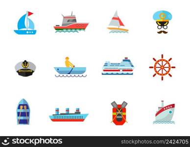 Cruise icon set. Sailing Yacht Face of Captain Captain Hat Man Rowing in Boat Cruise Ship Steering Wheel Boat with Oars Steamship Rubber Boat