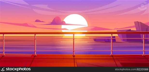 Cruise liner deck or quay on dusk seascape view, empty ship with baluster and wooden floor. Sunset scenery background on luxury sailboat in sea or ocean. Passenger vessel, Cartoon vector illustration. Cruise liner deck or quay on dusk seascape view