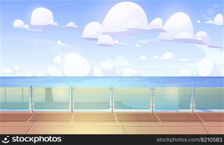 Cruise liner deck or quay with glass baluster, empty ship with wooden floor and plexiglass fencing. Modern luxury sailboat in sea or ocean. Passenger vessel at summer time, Cartoon vector illustration. Cruise liner ship deck or quay with glass baluster