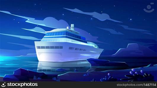 Cruise liner in ocean at night. Modern ship, luxury sailboat with glowing portholes moored in sea harbor at tropical land. Passenger vessel on dark water surface at summer, Cartoon vector illustration. Cruise liner in ocean at night. Modern ship, boat
