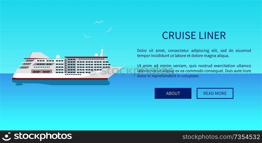 Cruise liner web page design in travelling concept. Advertisement poster offering traveling on steamer by sea or ocean vector illustration. Cruise Liner Web Page Design in Travelling Concept