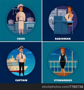 Cruise liner yacht ship crew characters 4 cartoon icons square with captain cook radioman isolated vector illustration . Ship Crew 4 Icons Square