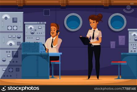 Cruise liner yacht ship crew members at work with technical officer and chief mate cartoon banner vector illustration . Ship Crew Cartoon Characters Banner