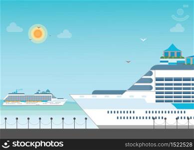 Cruise ship anchored at sea port, Ocean traveling visual, flat design vector illustration.