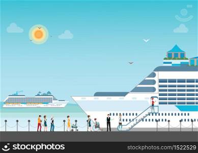 Cruise ship anchored at sea port with cruise peopl in line, Ocean traveling visual, flat design vector illustration.