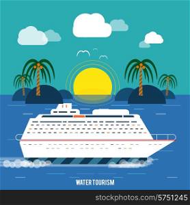Cruise ship and clear blue water. Water tourism. Icons of traveling, planning a summer vacation, tourism and journey objects