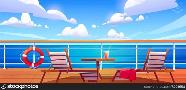Cruise ship deck with sun loungers, wooden table with cocktail and lifebuoy hang on fencing. Empty modern luxury sailboat in sea or ocean. Passenger vessel, liner cruising, Cartoon vector illustration. Cruise ship deck with sun loungers, wooden table