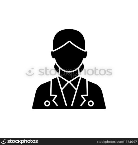 Cruise ship hostess black glyph icon. Helping passengers during traveling. Creating comfortable place during vacation. Talk to visitors. Silhouette symbol on white space. Vector isolated illustration. Cruise ship hostess black glyph icon