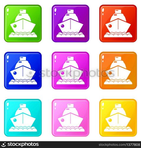 Cruise ship icons set 9 color collection isolated on white for any design. Cruise ship icons set 9 color collection