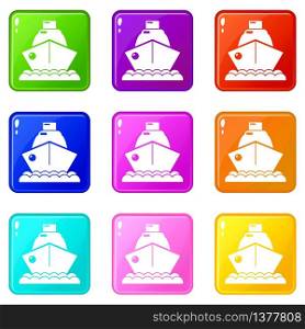 Cruise ship icons set 9 color collection isolated on white for any design. Cruise ship icons set 9 color collection