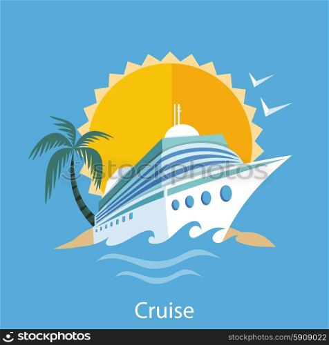 Cruise ship in clear blue water with palm tree. Water tourism. Icons of traveling, planning summer vacation, tourism. For web banners, marketing and promotional materials, presentation templates