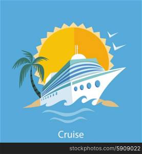 Cruise ship in clear blue water with palm tree. Water tourism. Icons of traveling, planning summer vacation, tourism. For web banners, marketing and promotional materials, presentation templates
