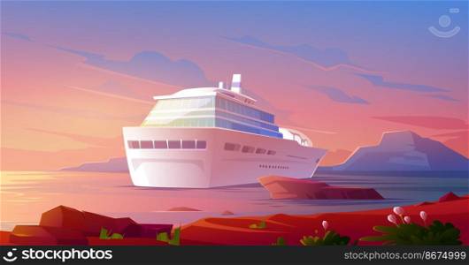 Cruise ship in ocean at sunset. Summer luxury vacation on cruise liner. Vector cartoon illustration of tropical landscape with passenger ship in harbor and pink evening sky. Summer luxury vacation on cruise ship at sunset