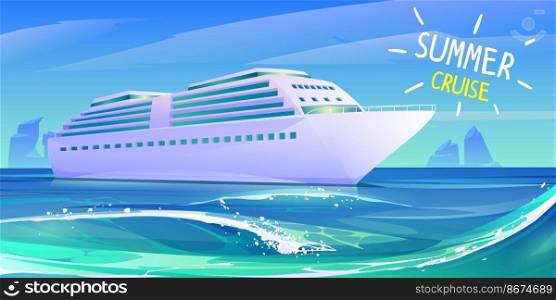 Cruise ship in ocean. Summer luxury vacation on cruise liner. Vector cartoon illustration of tropical seascape with passenger ship on blue marine water waves. Summer luxury vacation on cruise ship