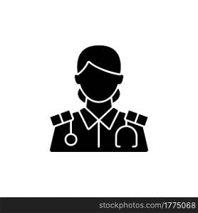 Cruise ship nurse black glyph icon. Proffesional medical help for customers. Health care during traveling. Passengers treatment plan. Silhouette symbol on white space. Vector isolated illustration. Cruise ship nurse black glyph icon