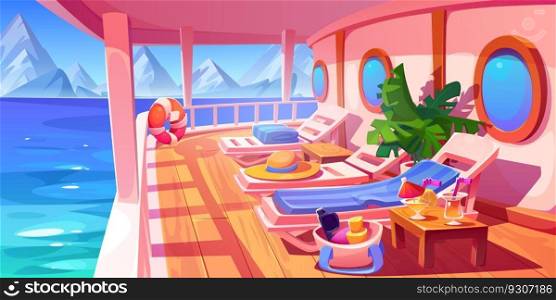 Cruise ship or yacht deck with railing, wooden floor, lounge chairs and lifebuoy. Boat deck with view to ocean harbor landscape with mountains on horizon, vector cartoon illustration. Cruise ship or yacht deck with lounge chairs