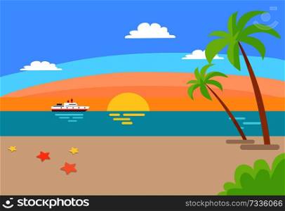 Cruise ship sailing in ocean, summer beach landscape with blue sea, hot sand and endless sky clouds, palm trees, tropical beach vector summer scenery. Cruise Ship Sailing Ocean, Summer Beach Landscape