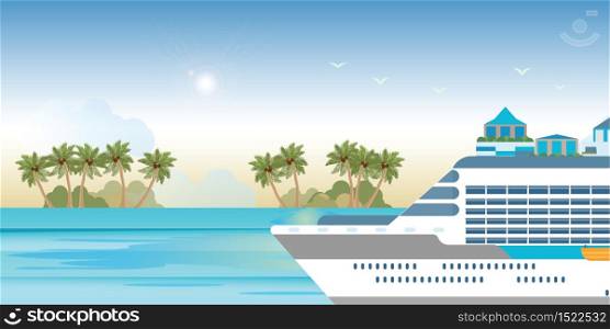 Cruise ship sailing on blue water, Maritime recreation in cruising tour vector illustration.