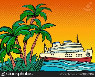 cruise ship. sea trip to a tropical island. Cartoon comic book pop art illustration drawing. cruise ship. sea trip to a tropical island