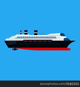 Cruise ship side view vector flat icon. Ocean boat travel journey transport. Sea luxury blue vessel vacation. Summer large liner cartoon