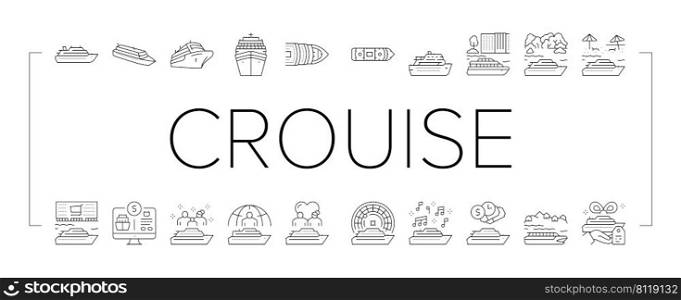Cruise Ship Vacation Enjoyment Icons Set Vector. Cruise Casino And Music Themed, Liner Transport For Voyage On River And In Ocean, Tropical And Caribbean Marine Trip Black Contour Illustrations. Cruise Ship Vacation Enjoyment Icons Set Vector