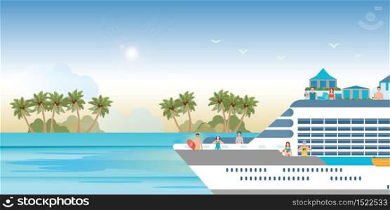 Cruise ship with tourists traveling on a cruise boat making party and take pictures, Vector illustration.