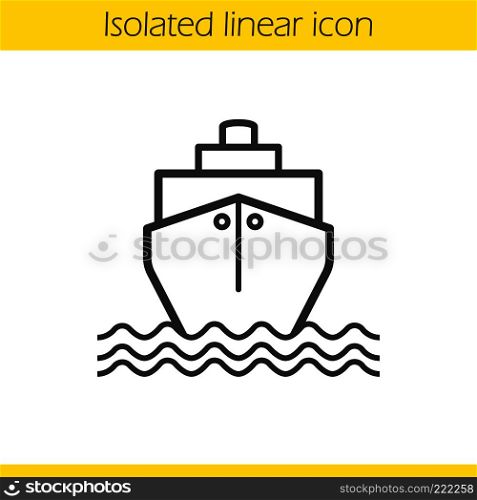 Cruise ship with waves linear icon. Shipping tanker. Thin line illustration. Contour symbol. Vector isolated outline drawing. Cruise ship with waves linear icon