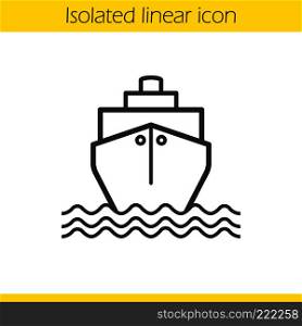 Cruise ship with waves linear icon. Shipping tanker. Thin line illustration. Contour symbol. Vector isolated outline drawing. Cruise ship with waves linear icon