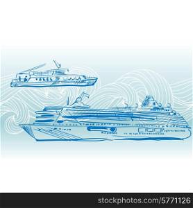 Cruise ships vector background. Engraving Nautical design.. Cruise ships vector background. Engraving Nautical design