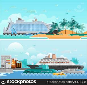 Cruise vacation flat horizontal banners set with passenger liners south beach modern hotels and sailboats vector illustration . Cruise Vacation Flat Horizontal Banners Set