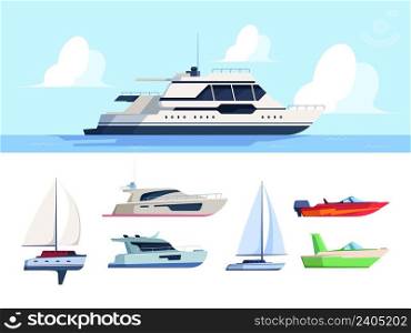 Cruise yacht. Sea travel luxury ship for exploring ocean boat side garish vector illustrations in flat style. Ship sea and yacht for sea travel, boat transportation. Cruise yacht. Sea travel luxury ship for exploring ocean boat side garish vector illustrations in flat style