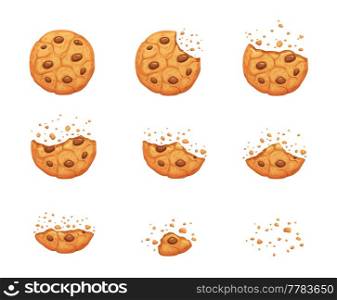 Crumble biscuit cookie animated sprite. Vector crunchy dessert with chocolate pieces whole and bitten disappear animation. Isolated homemade bakery dessert piecess for cartoon game. Crumble biscuit cookie animated sprite, dessert