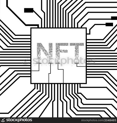 Crumbled NTF non fungible token with PCB tracks isolated on white. Website design element. Vector illustration.. Crumbled NTF non fungible token with PCB tracks isolated on white. Website design element.