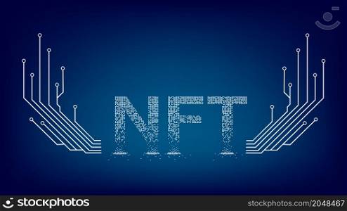 Crumbled text NTF non fungible token with wings from PCB tracks and copy space on blue background. Website header or banner. Vector illustration.. Crumbled text NTF non fungible token with wings from PCB tracks and copy space on blue background. Website header or banner.