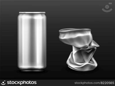 Crumpled aluminium can, empty container for soda or beer. Vector realistic mockup of metal trash for recycle, crushed tin can for drink. Recycling garbage isolated on gray background. Crumpled aluminium can, metal trash for recycle