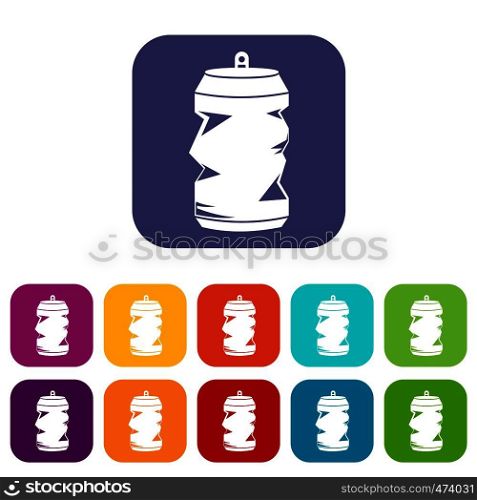 Crumpled aluminum cans icons set vector illustration in flat style In colors red, blue, green and other. Crumpled aluminum cans icons set
