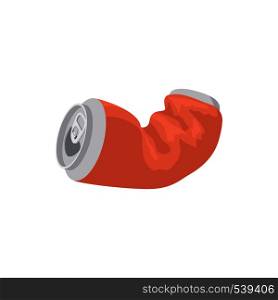 Crumpled empty soda or beer can icon in cartoon style on a white background. Crumpled soda or beer can icon, cartoon style