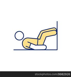 Crunching with wall support RGB color icon. Burning calories. Working with abdominal muscles. Lower body muscular strength and endurance. Engaging glutes, hamstrings. Isolated vector illustration. Crunching with wall support RGB color icon